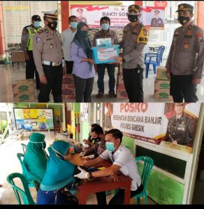 Polres Gresik Gelar Bansos Pengobatan Gratis dan Sembako pada Korban Banjir di Benjeng 