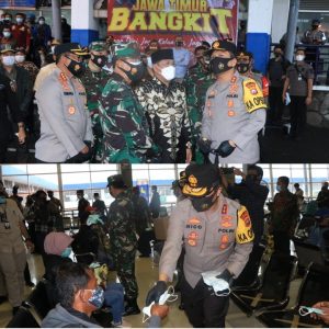 Kapolda, Pangdam V Brawijaya dan Pangkoarmada II, Bagikan Masker di Terminal Purabaya