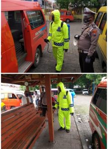,Sat Lantas Polres Gresik Giat penyemprotan Disinfektan di Terminal Bus Maulana Malik Ibrahim ,Cegah Covid-19 