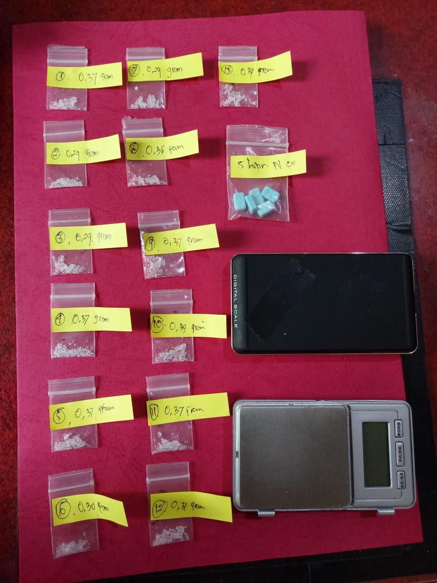 Barang Bukti Sabu siap edar milik pelaku beserta timbangannya.