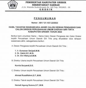 Teka Teki Dirut Perumda Giri Tirta Gresik Terjawab, Kurnia Suryandi SE yang Menjabat Sesuai Hasil Pansel